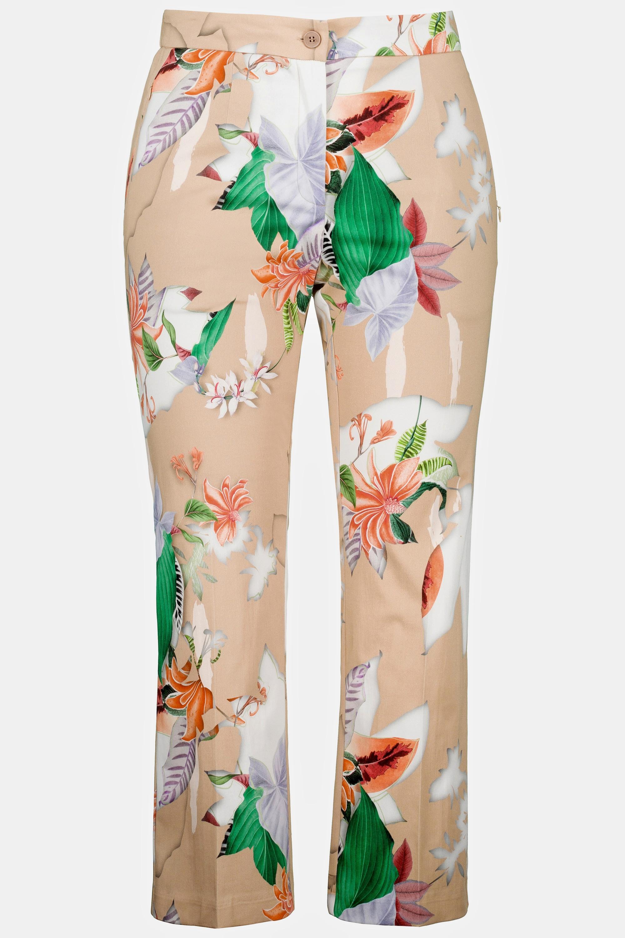 Ulla Popken  Pantaloni boot cut a 7/8 con fiori, taglio della gamba aderente e orlo svasato 