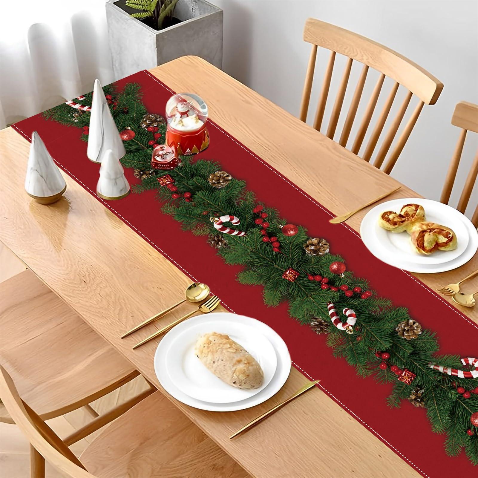 Alopini Chemin de table de Noël en lin avec fleurs et cloches d'arbre de Noël, longue nappe rectangulaire de Noël pour la décoration de la table du dîner de Noël  