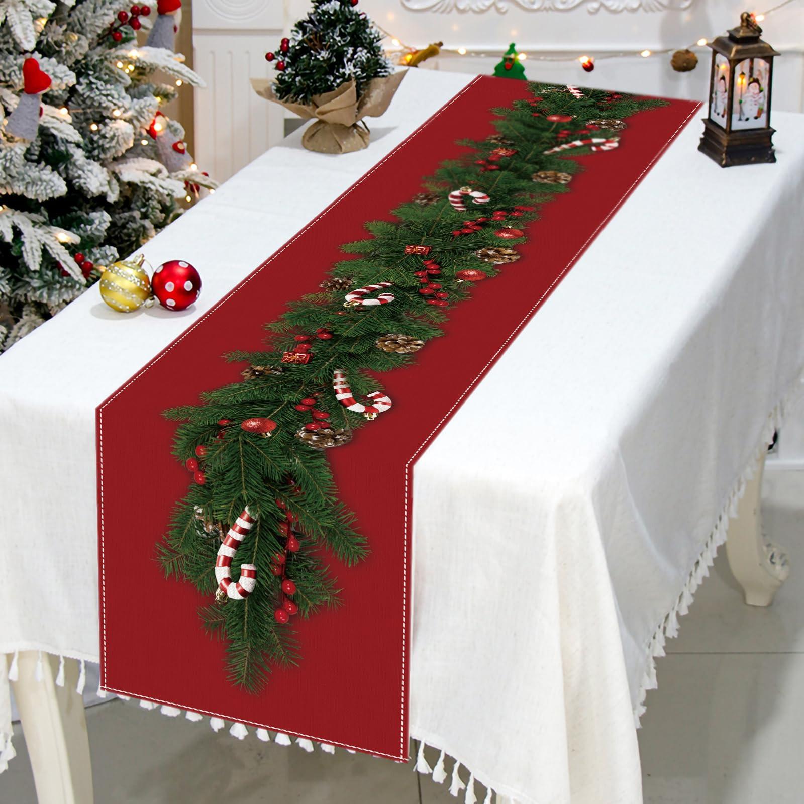 Alopini Weihnachten Tisch Läufer Leinen mit Blumen Weihnachtsbaum Glocken Print, lange rechteckige Weihnachten Tischdecke für Weihnachten Abendessen Tischdekoration  