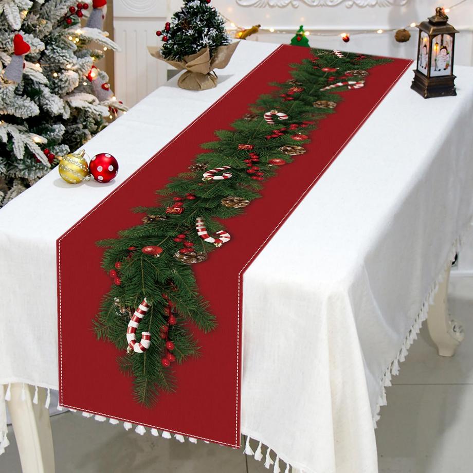 Alopini Weihnachten Tisch Läufer Leinen mit Blumen Weihnachtsbaum Glocken Print, lange rechteckige Weihnachten Tischdecke für Weihnachten Abendessen Tischdekoration  