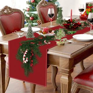 Alopini Chemin de table de Noël en lin avec fleurs et cloches d'arbre de Noël, longue nappe rectangulaire de Noël pour la décoration de la table du dîner de Noël  