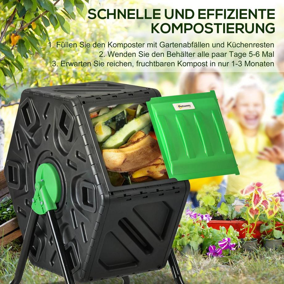 Northio Compostiera 65 litri, compostiera rapida girevole 60x49x77 cm in plastica, compostiera termica resistente alle intemperie con sistema di ventilazione, coperchio, compostiera da giardino, contenitore per compost per giardino, cucina, balcone  