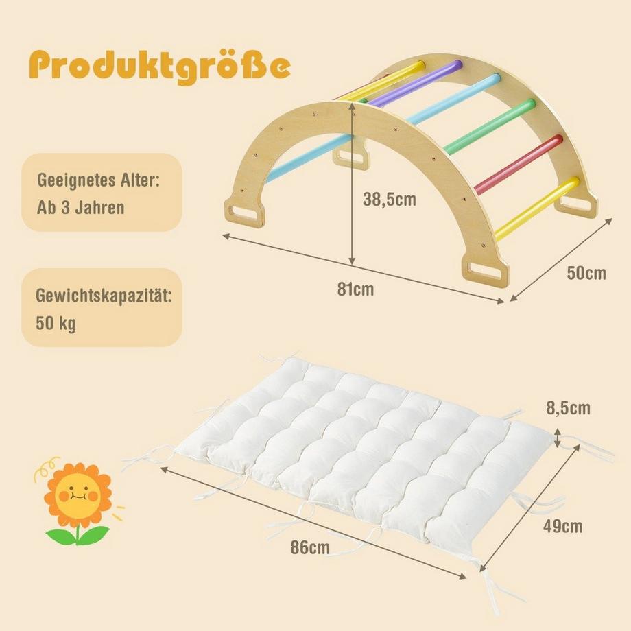 B2X  Kletterbogen aus Holz mit Weichem Kissen zum Wippen & Klettern & Krabbeln Klettergerüst Bunt 