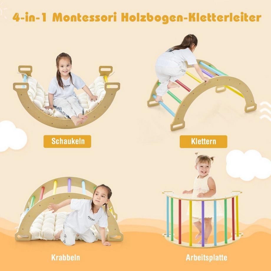 B2X  Kletterbogen aus Holz mit Weichem Kissen zum Wippen & Klettern & Krabbeln Klettergerüst Bunt 