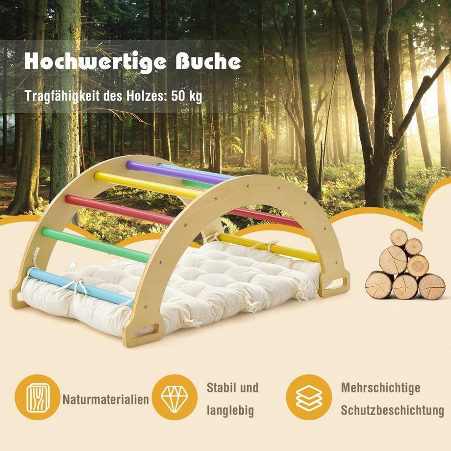 B2X  Kletterbogen aus Holz mit Weichem Kissen zum Wippen & Klettern & Krabbeln Klettergerüst Bunt 
