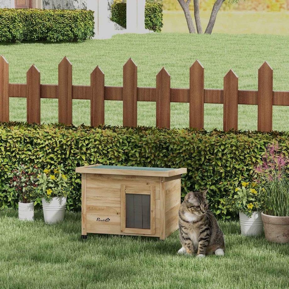 Northio  Katzenhaus Aus Holz, Katzenhütte Outdoor, Katzenhöhle Mit Türvorhang, Kleintierhaus Mit Erhöhtem Design, Gelb, 57 X 45 X 43 Cm 