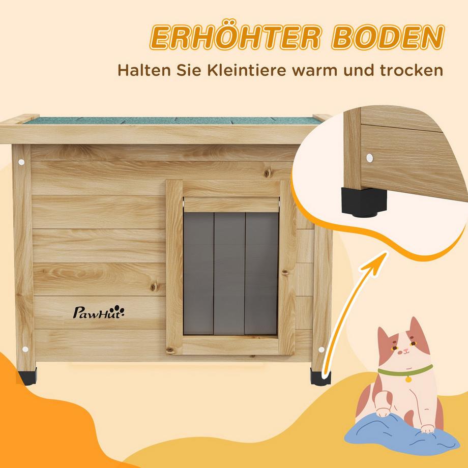 Northio  Katzenhaus Aus Holz, Katzenhütte Outdoor, Katzenhöhle Mit Türvorhang, Kleintierhaus Mit Erhöhtem Design, Gelb, 57 X 45 X 43 Cm 