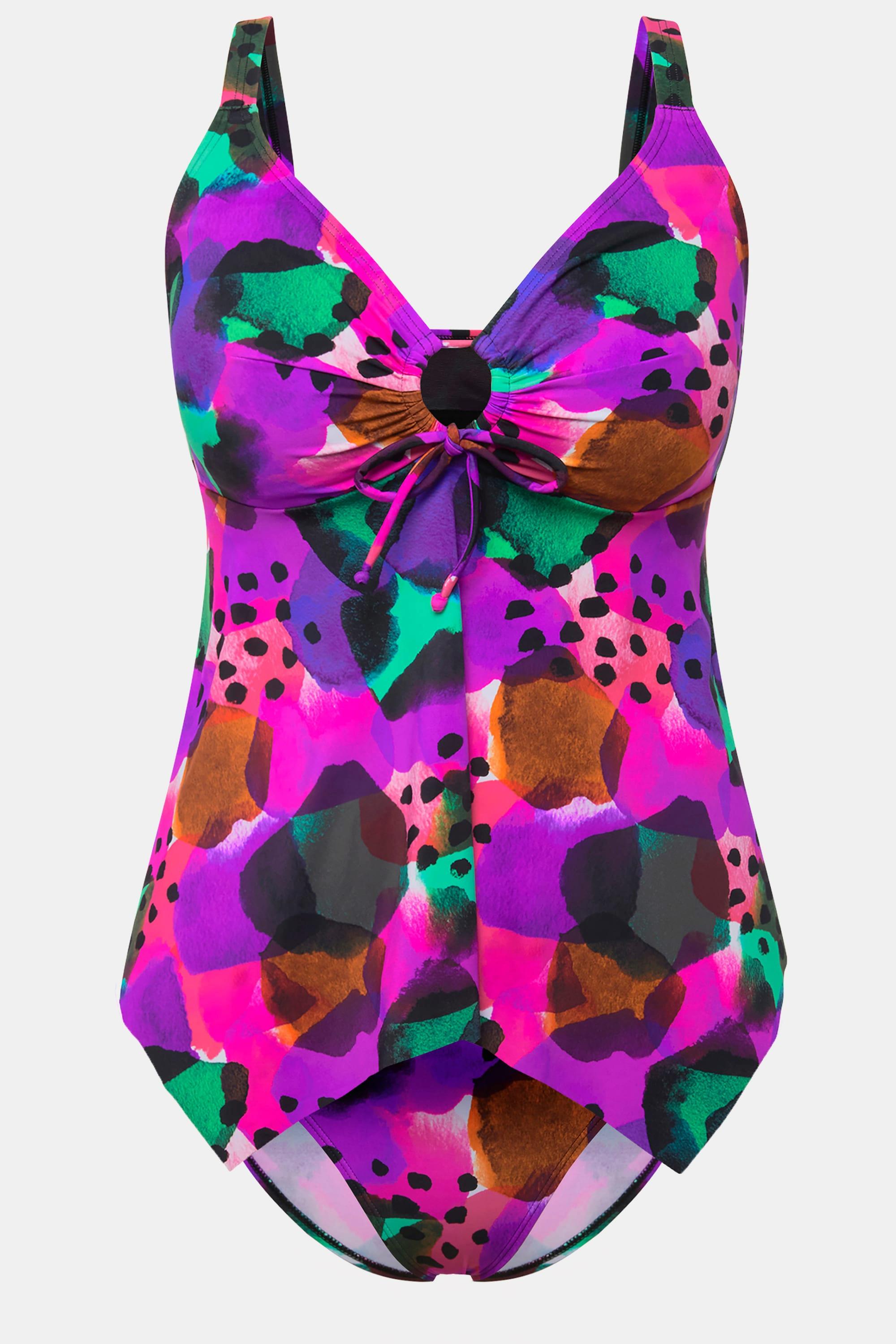 Ulla Popken  Tankini con mix di fantasie, anello decorativo, coppe morbide e spalline regolabili 