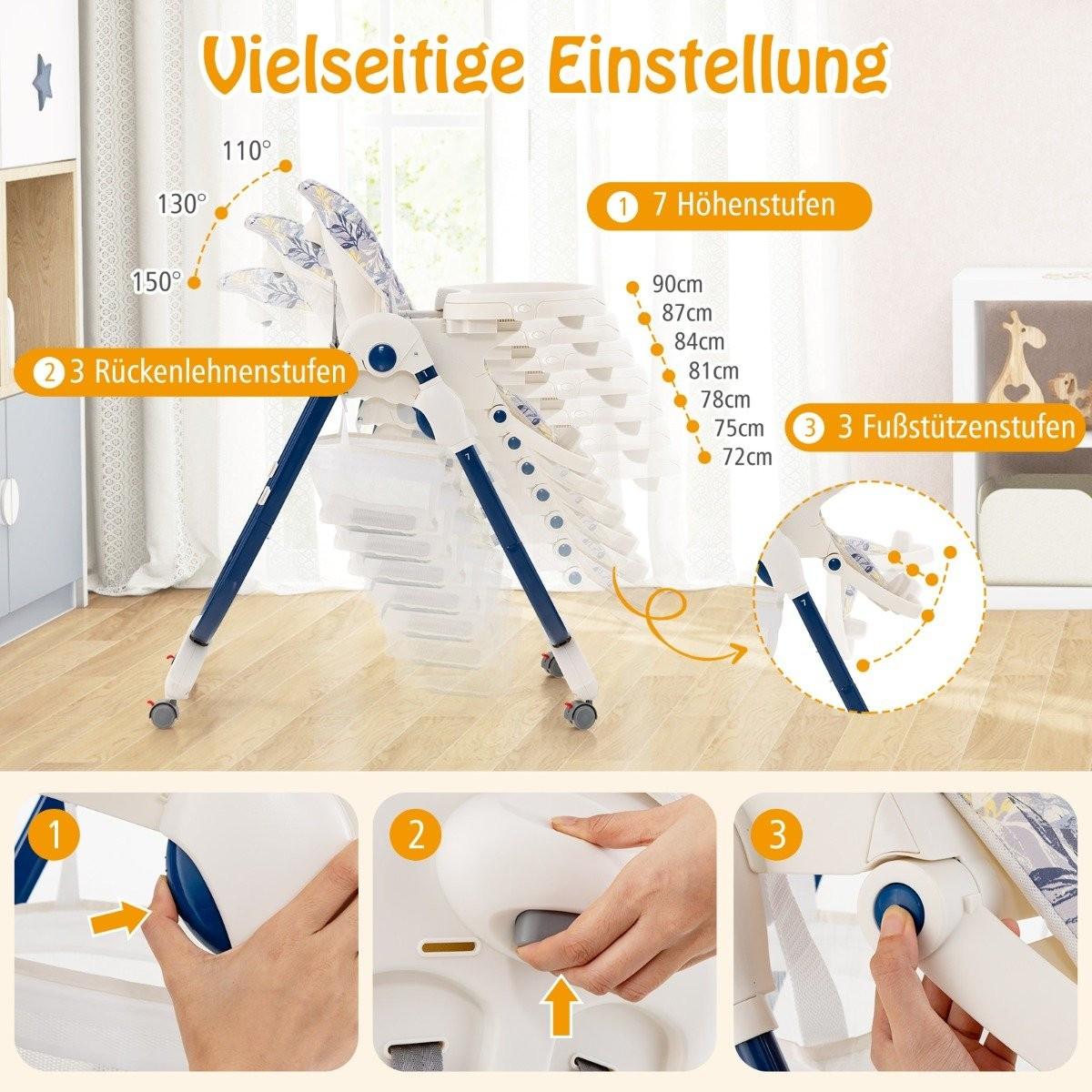 Northio  Klappbarer Hochstuhl mit Rädern & Verstellbarer Höhe & Fußstütze & Rückenlehne Babysitz Marineblau 