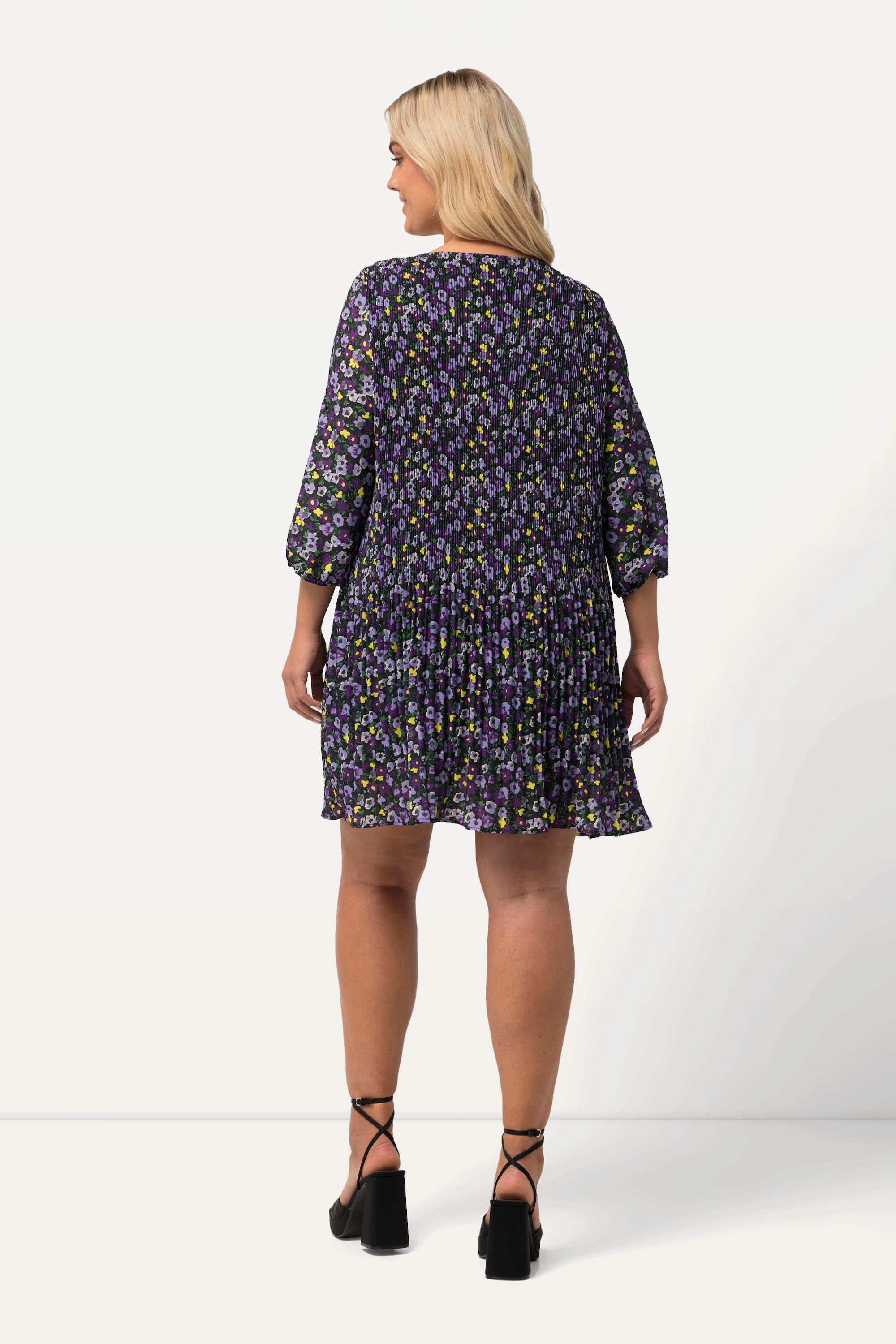 Ulla Popken  Robe courte plissée, fleurs, col rond, manches 3/4 