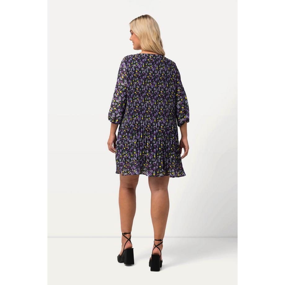Ulla Popken Abito Mini Plissettato Fiori Scollo Rotondo Maniche 3/4  