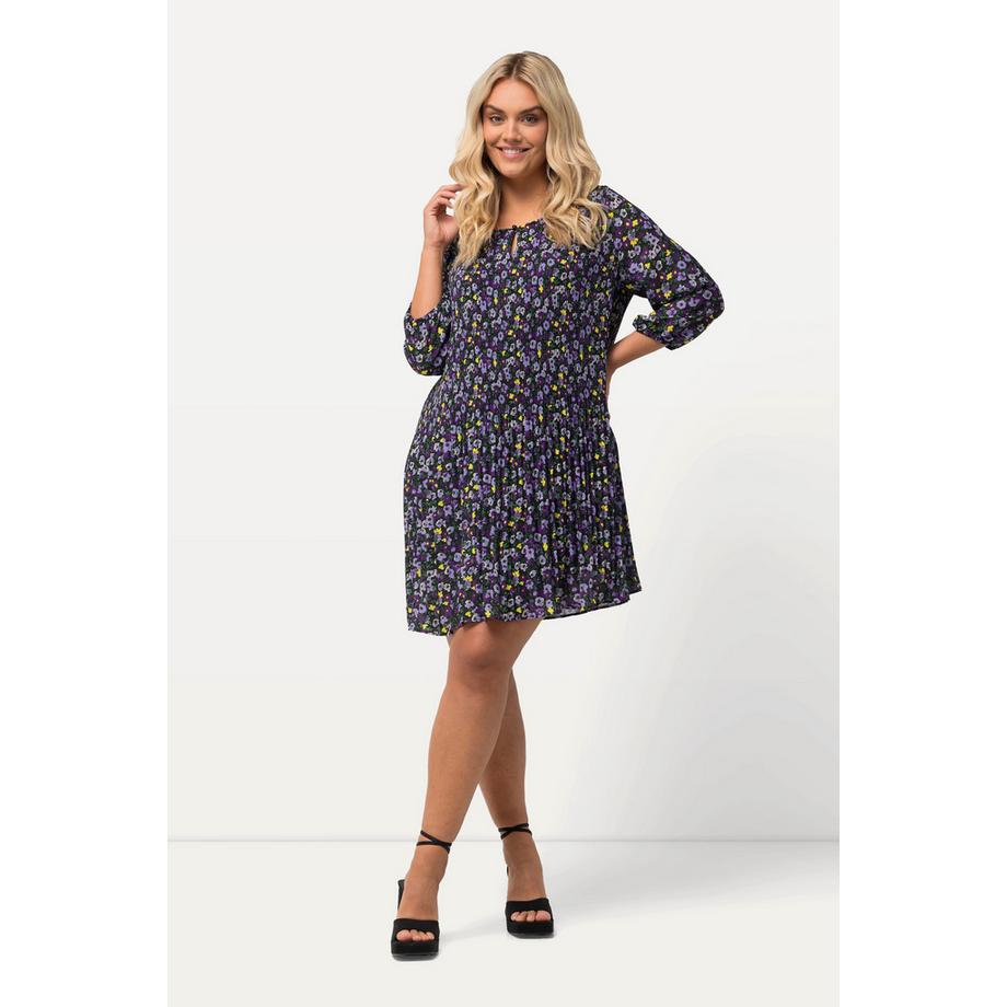 Ulla Popken Abito Mini Plissettato Fiori Scollo Rotondo Maniche 3/4  