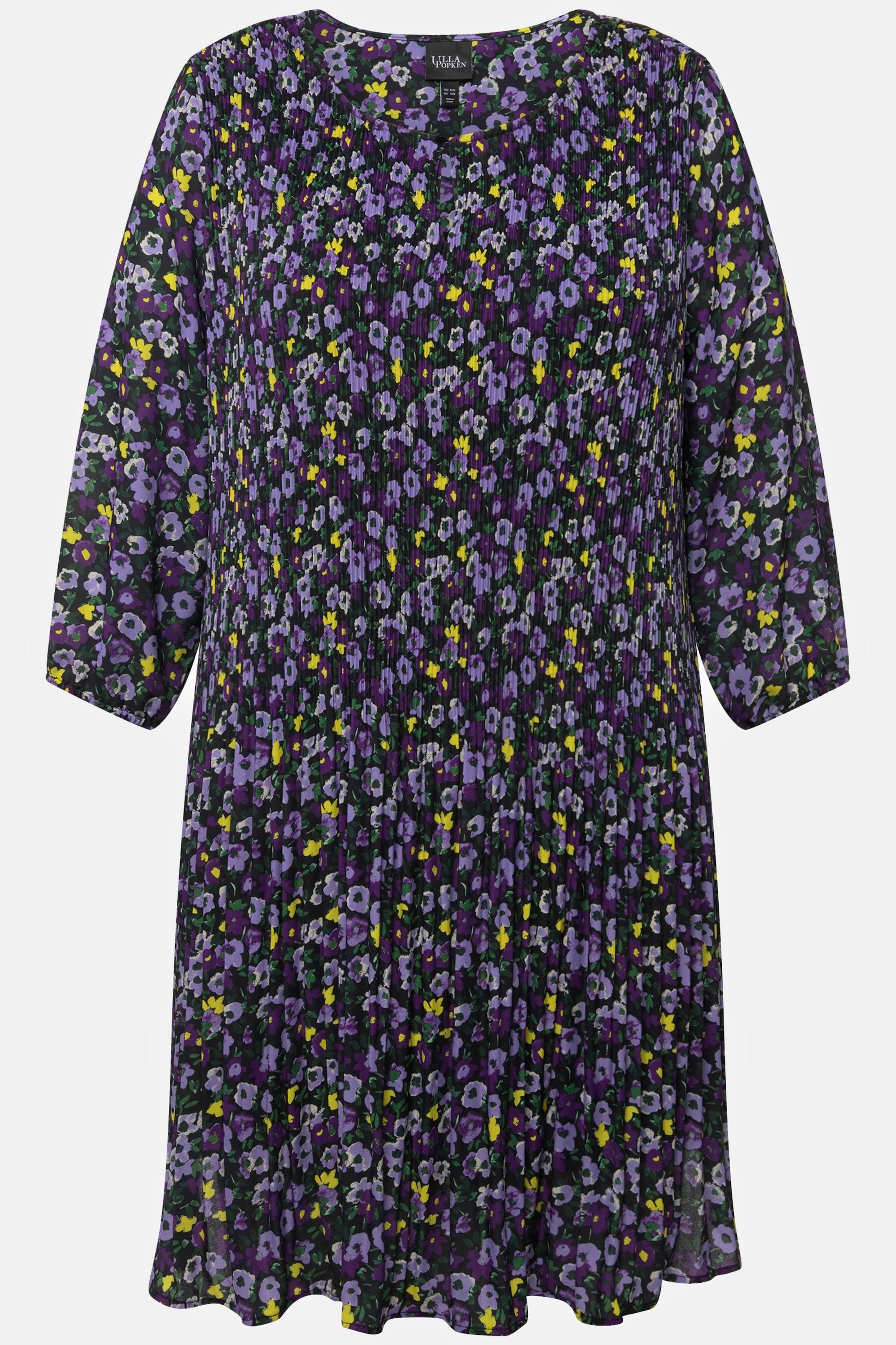 Ulla Popken  Robe courte plissée, fleurs, col rond, manches 3/4 