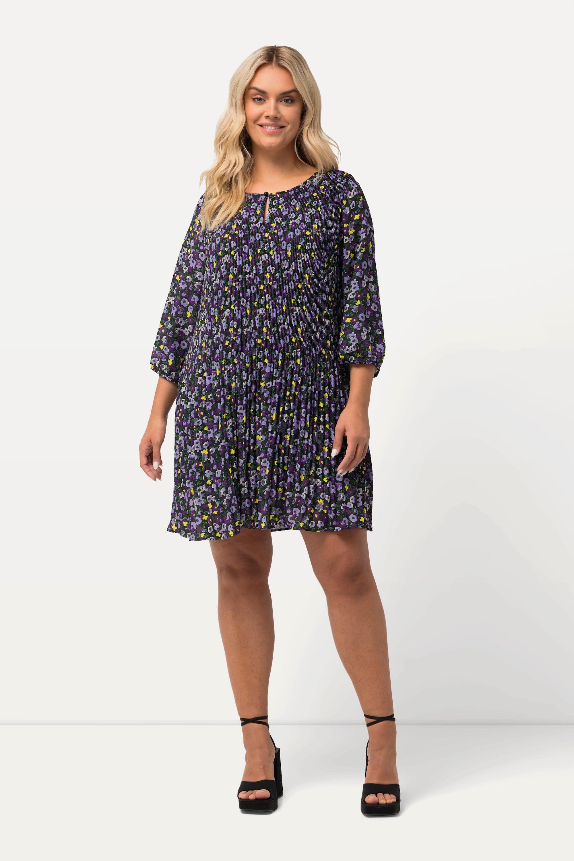 Ulla Popken  Robe courte plissée, fleurs, col rond, manches 3/4 