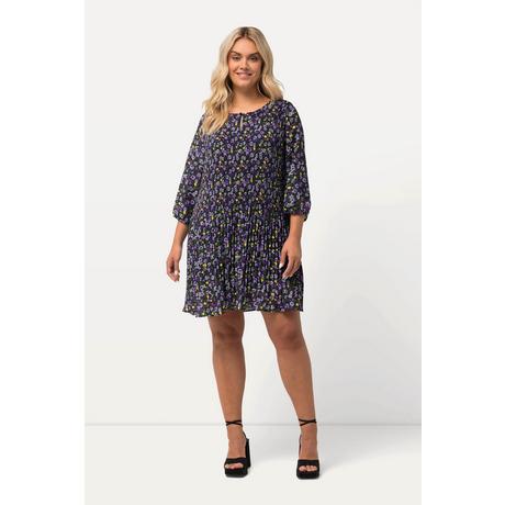 Ulla Popken  Robe courte plissée, fleurs, col rond, manches 3/4 