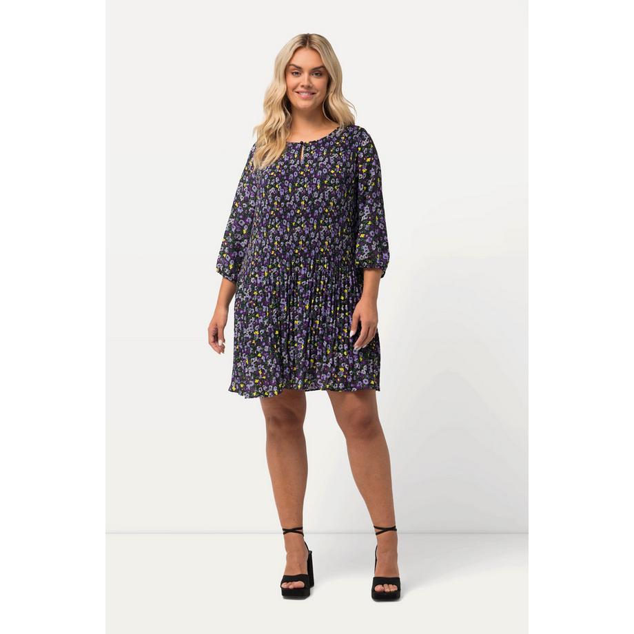 Ulla Popken Abito Mini Plissettato Fiori Scollo Rotondo Maniche 3/4  