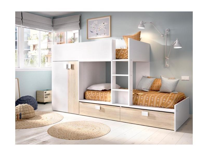 Vente-unique Lits Superposés JUANITO Armoire intégrée2 chêne + matelas  