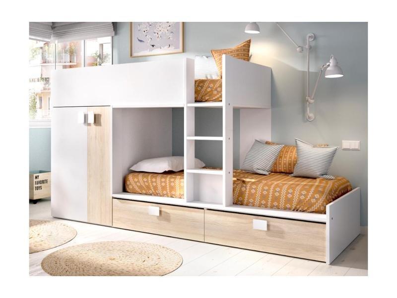 Vente-unique Lits Superposés JUANITO Armoire intégrée2 chêne + matelas  