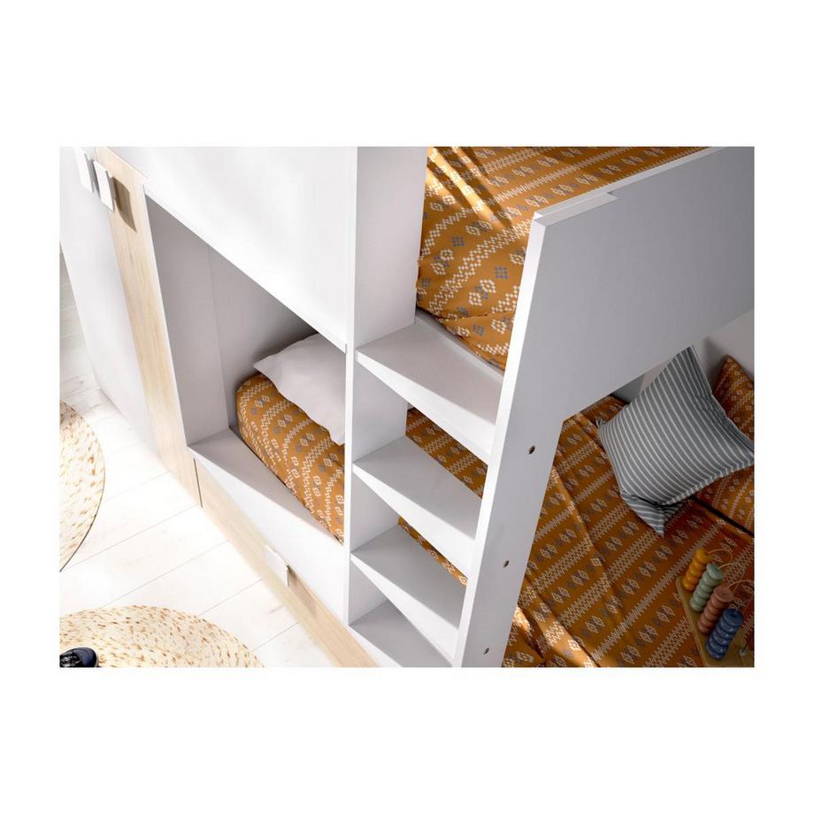 Vente-unique Letto a castello con armadio integrato 2 Bianco e Rovere + materasso JUANITO  