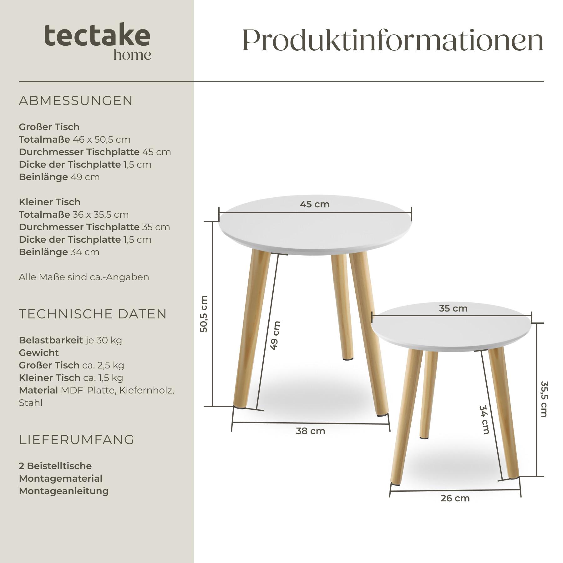 Tectake 2er Set Beistelltisch Skaland mit Holzbeinen im Skandi-Style  