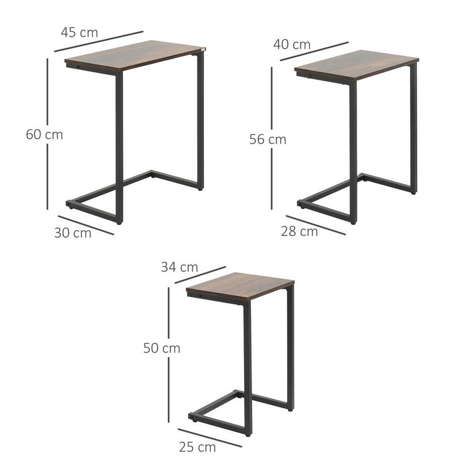Northio  Lot De 3 Tables D'Appoint Gain De Place En Forme De C Design Industriel Cadre En Acier Pour Salon Marron Rustique 