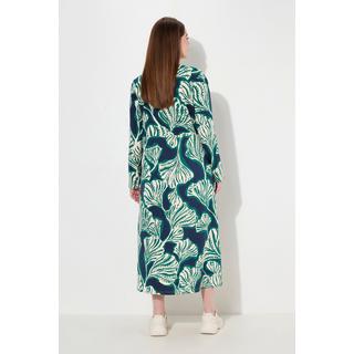 Ulla Popken  Robe maxi en molleton, col bénitier et manches longues, imprimé feuilles 