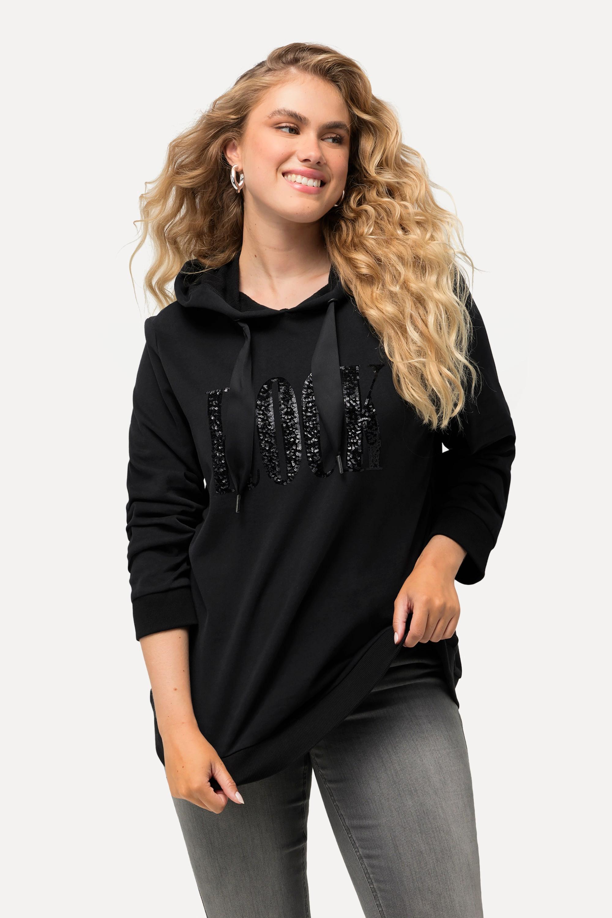 Ulla Popken  Sweat-shirt à capuche et manches longues, imprimé avec paillettes scintillantes 