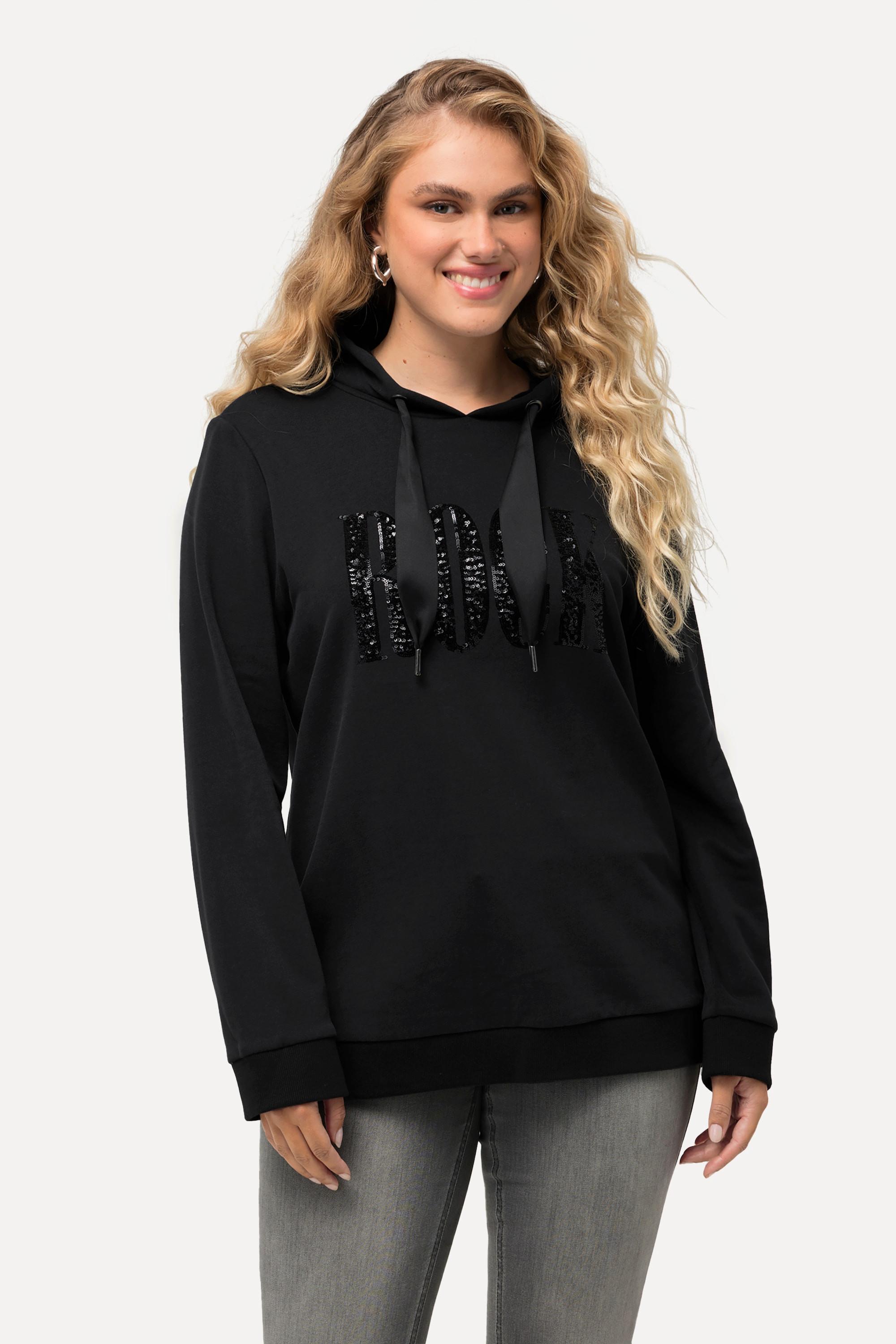 Ulla Popken  Sweat-shirt à capuche et manches longues, imprimé avec paillettes scintillantes 