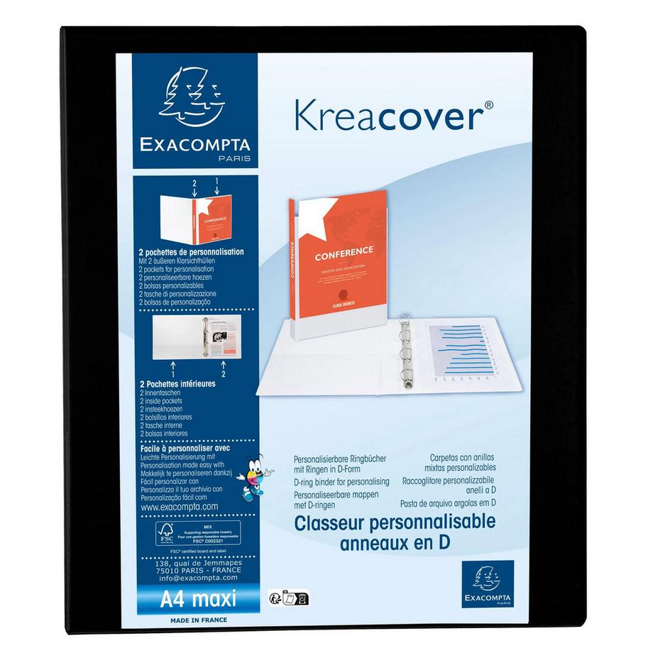 Classeur PP personnalisable Kreacover - 4 anneaux en D 30mm - A4 maxi - x 10