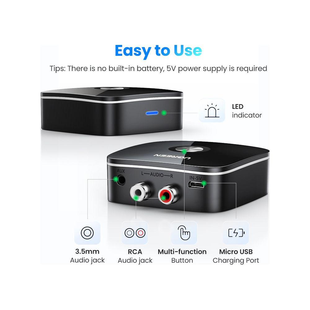 UGREEN  Ugreen Adapterempfänger Bluetooth 5.1 aptX 2RCA / 3,5 mm Miniklinke – Schwarz 