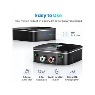 UGREEN  Ugreen Adapterempfänger Bluetooth 5.1 aptX 2RCA / 3,5 mm Miniklinke – Schwarz 