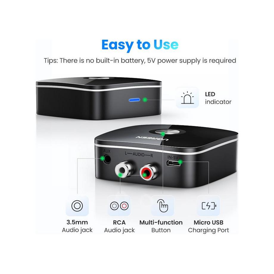 UGREEN  Ricevitore adattatore Ugreen Bluetooth 5.1 aptX 2RCA / mini jack da 3,5 mm - Nero 