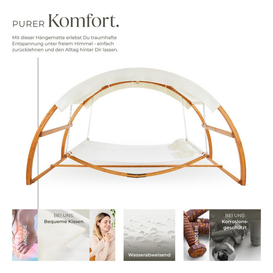 Tectake Hängematte Locarno mit Holzgestell, für 2 Personen großes Sonnendach, inkl. 2 Kissen  