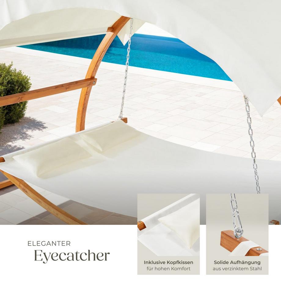 Tectake Hängematte Locarno mit Holzgestell, für 2 Personen großes Sonnendach, inkl. 2 Kissen  