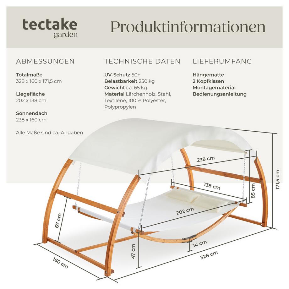 Tectake Hängematte Locarno mit Holzgestell, für 2 Personen großes Sonnendach, inkl. 2 Kissen  