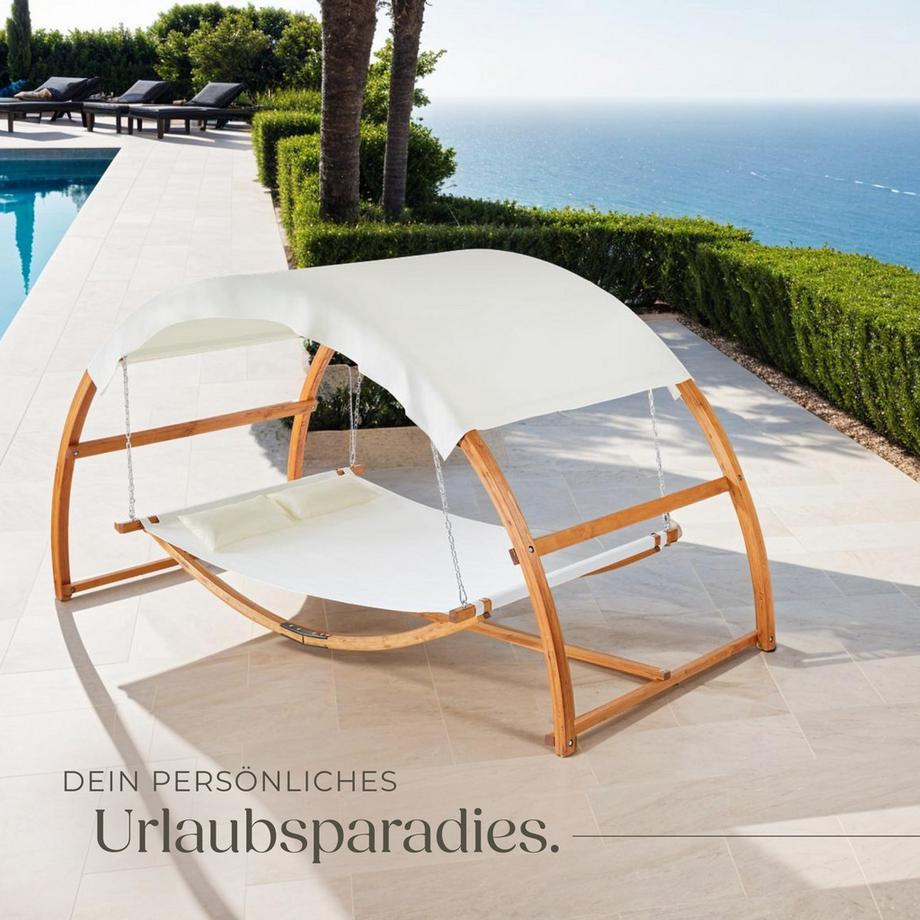 Tectake Hängematte Locarno mit Holzgestell, für 2 Personen großes Sonnendach, inkl. 2 Kissen  