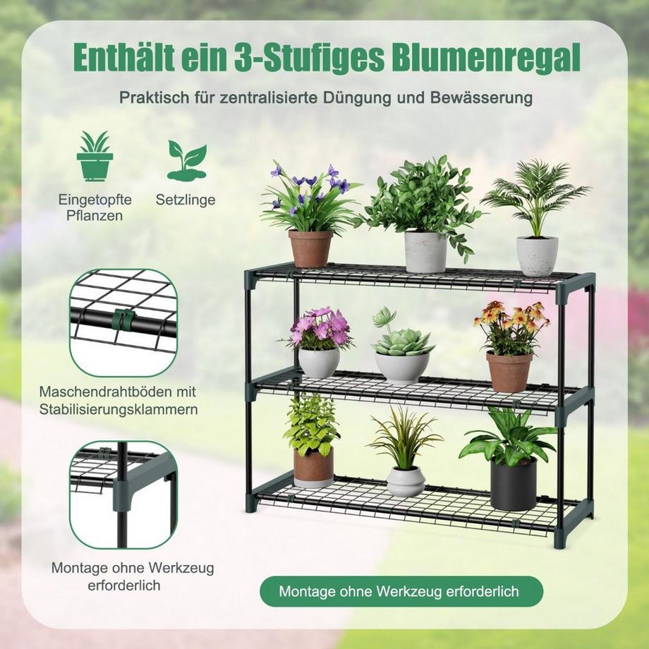 Northio Foliengewächshaus Begehbares Mini-Gewächshaus mit Blumenregal 198,5 x 98 x 215 cm Grün  