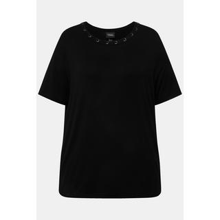 Ulla Popken  T-shirt con occhielli, laccetto, scollo a girocollo e mezze maniche 