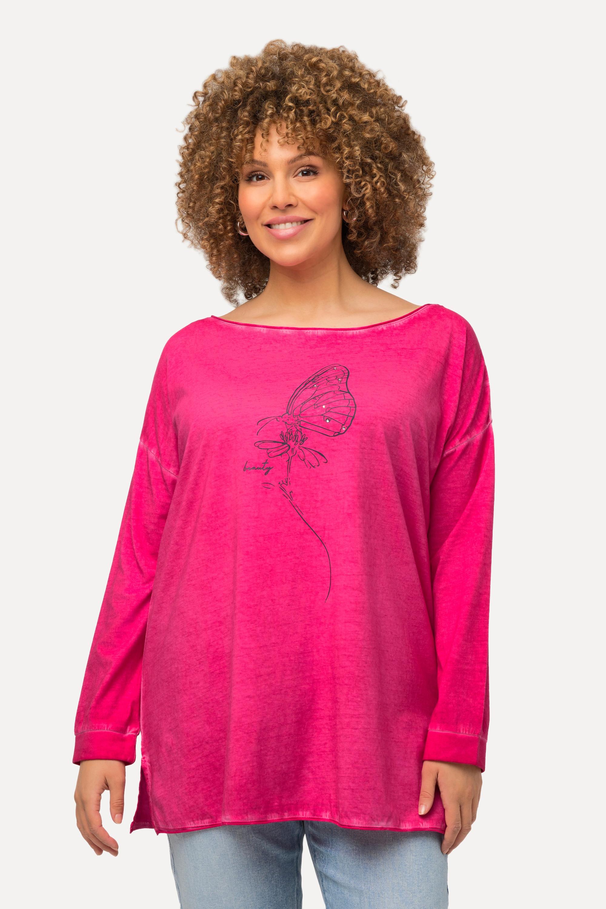 Ulla Popken  T-shirt à manches courtes et col rond, imprimé floqué et bords roulottés 