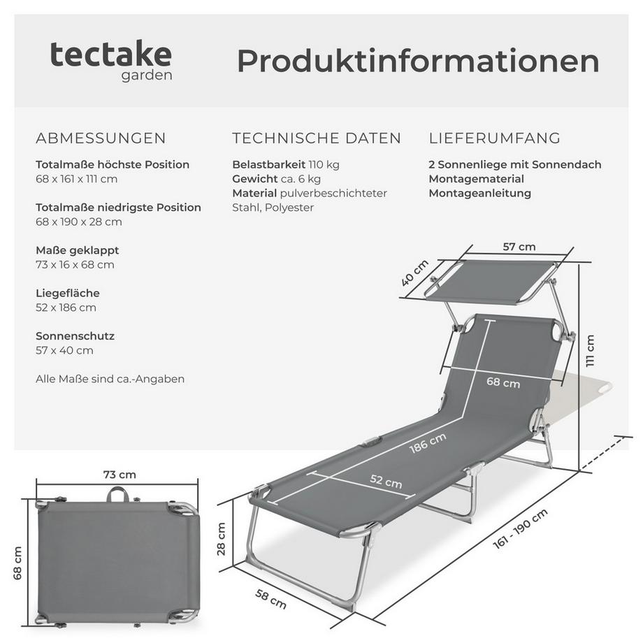 Tectake 2er Set Gartenliege  klappbar stufenlos verstellbares Sonnendach  