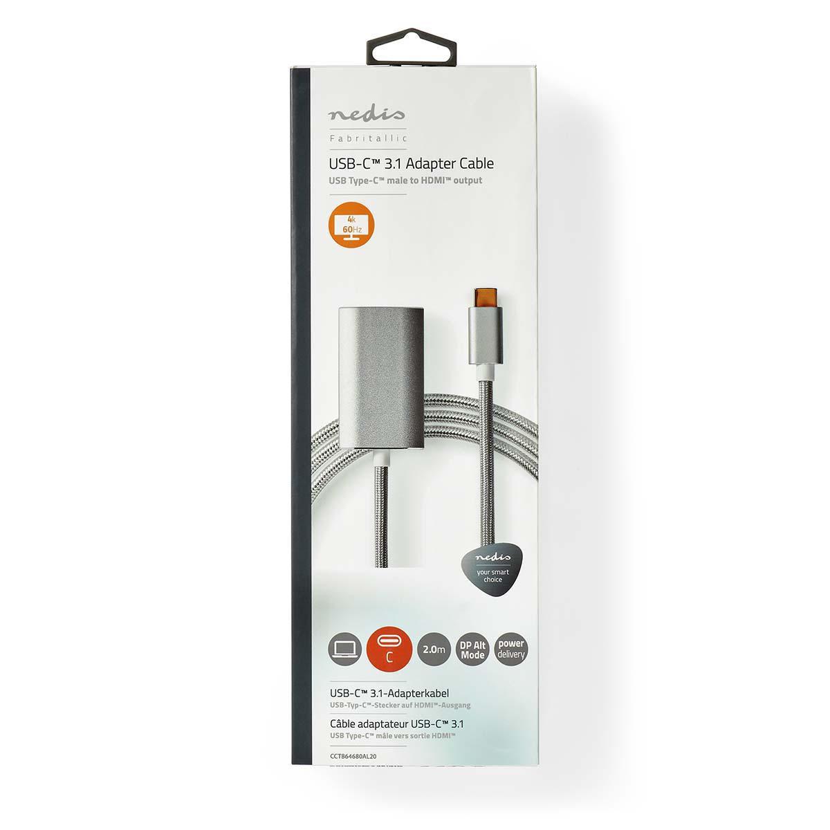 Nedis  Adaptateur USB-C™ | USB 3.2 Gen 1 | USB-C™ mâle | HDMI™ femelle | 4K@60Hz | Alimentation électrique | 2,00 m | Rond | Plaqué or | Tressé / Nylon | Argent | Boîte avec fenêtre couverte 