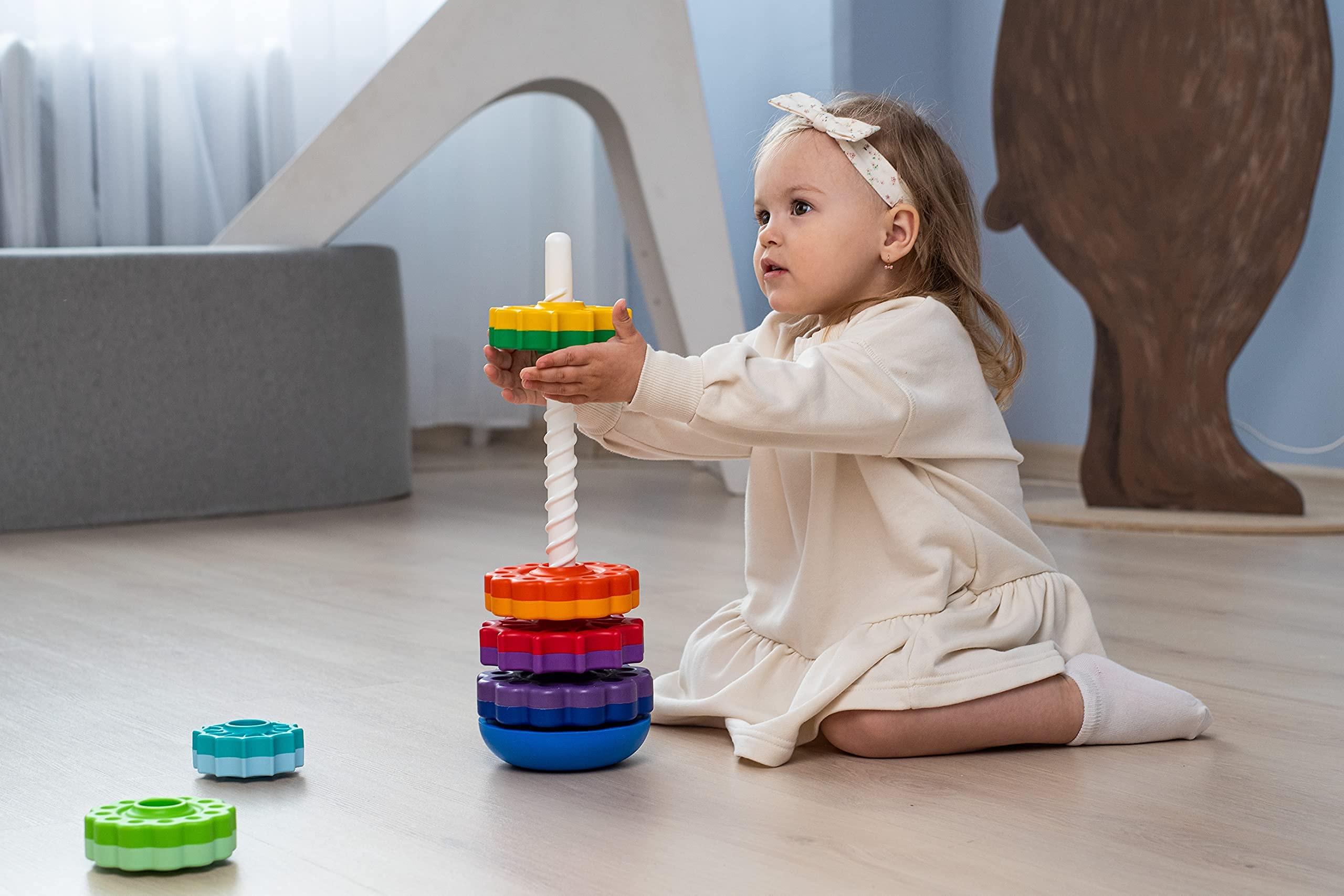 Activity-board  Stapelturm Baby Kinderspielzeug farbige Ringpyramide mit Spiralfaden Zahnradspiel 