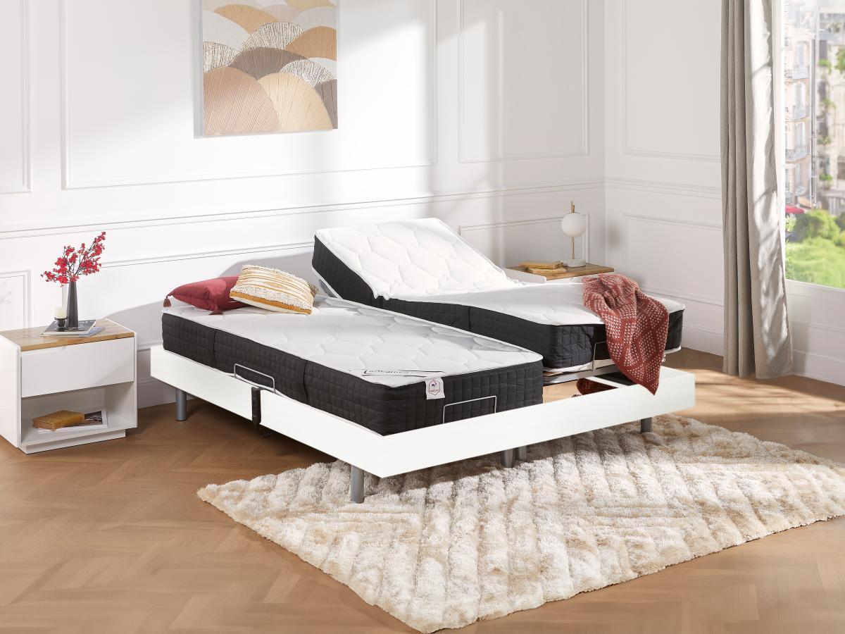 Vente-unique Lit électrique relaxation tout plots matelas ressorts ensachés mémoire forme PHANES de DREAMEA moteurs OKIN  