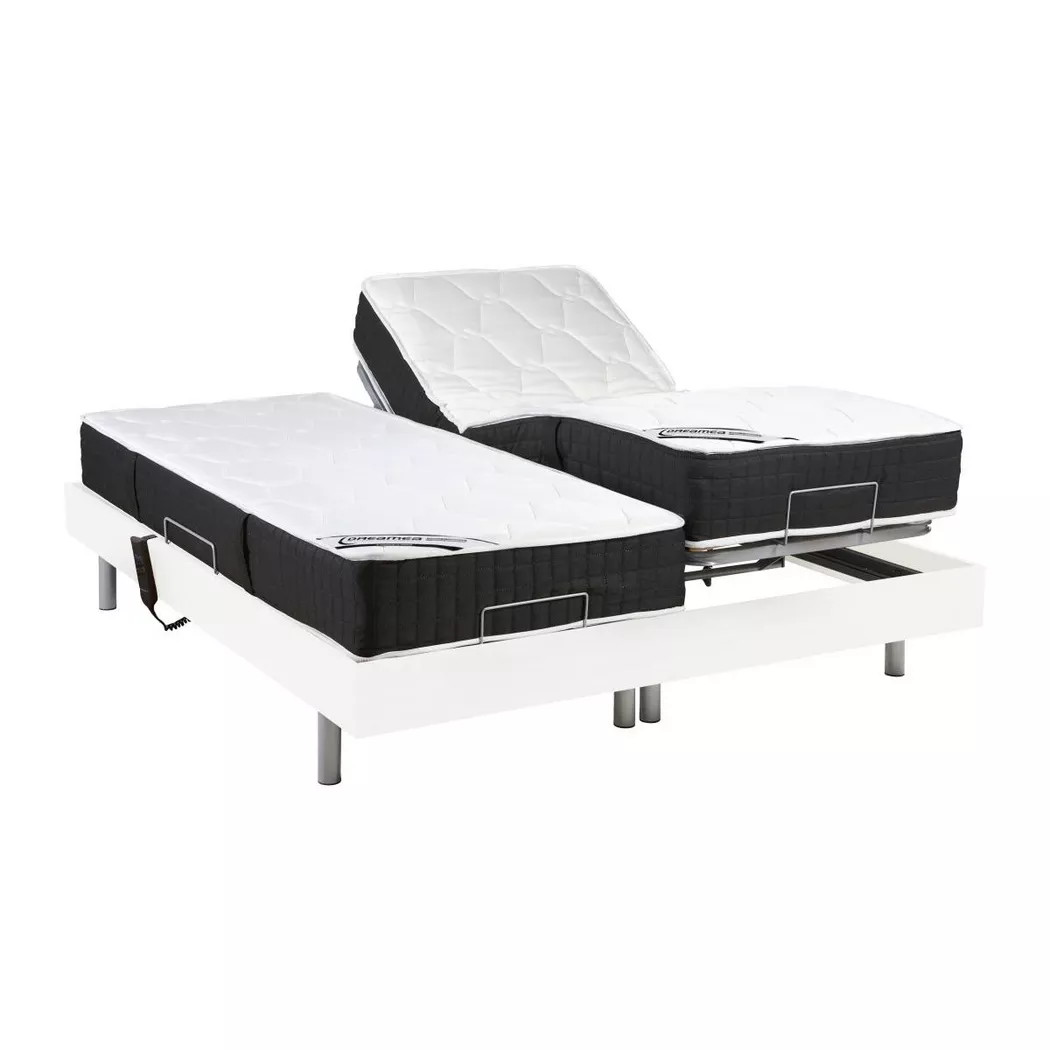Vente-unique - Lit électrique relaxation tout plots matelas ressorts ensachés mémoire forme PHANES de DREAMEA moteurs OKIN, 80X200CM, Blanc