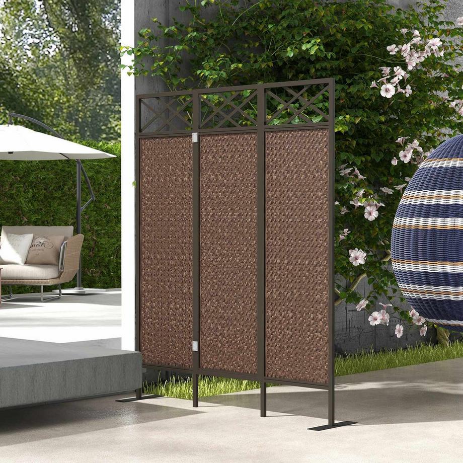 Northio Paravant 148X181Cm Garten Raumteiler Mit Rattanoptik, Anti-Uv Trennwand & Heringe, Stahl, Dunkelbraun  