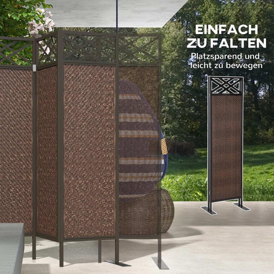 Northio Paravant 148X181Cm Garten Raumteiler Mit Rattanoptik, Anti-Uv Trennwand & Heringe, Stahl, Dunkelbraun  