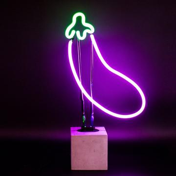 Lampe de table en verre néon avec socle en béton - Aubergine