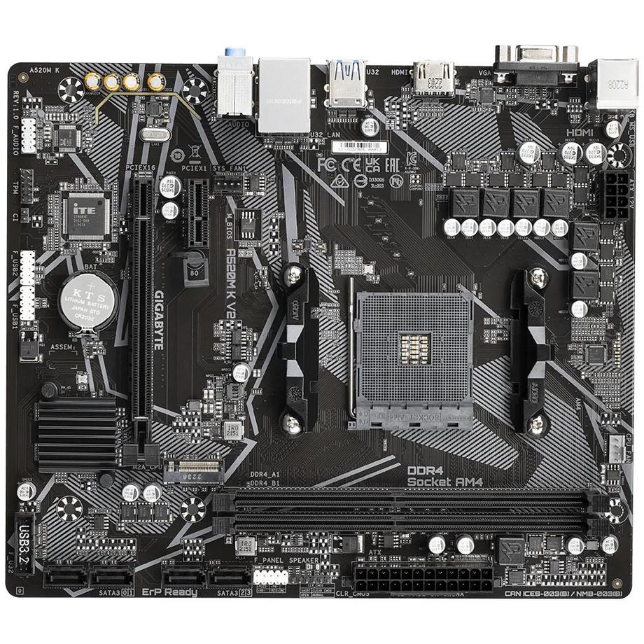 Gigabyte  A520M K V2 Mainboard - Unterstützt AMD Ryzen 5000 Serie AM4 CPUs, bis zu 5100MHz DDR4 (OC), PCIe Gen3 x4 M.2, GbE LAN, USB 3.2 Gen 1 