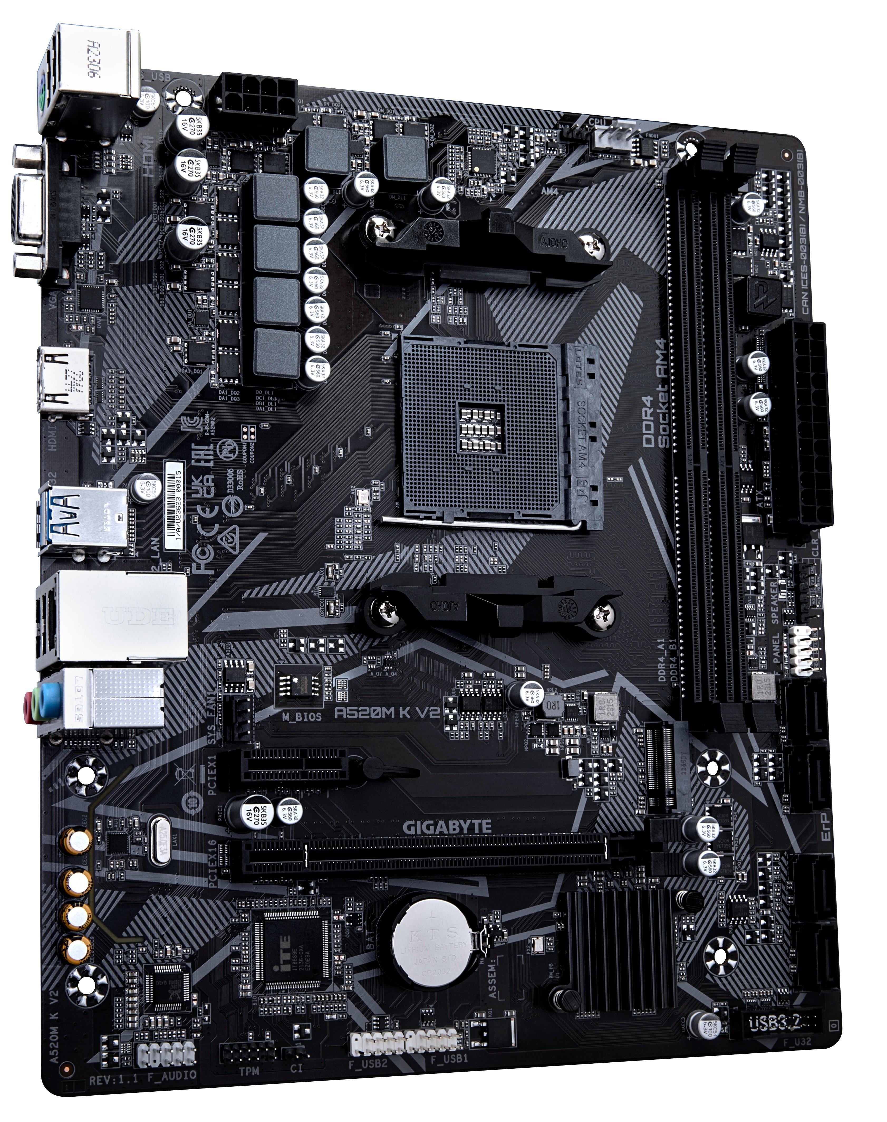 Gigabyte  A520M K V2 Mainboard - Unterstützt AMD Ryzen 5000 Serie AM4 CPUs, bis zu 5100MHz DDR4 (OC), PCIe Gen3 x4 M.2, GbE LAN, USB 3.2 Gen 1 