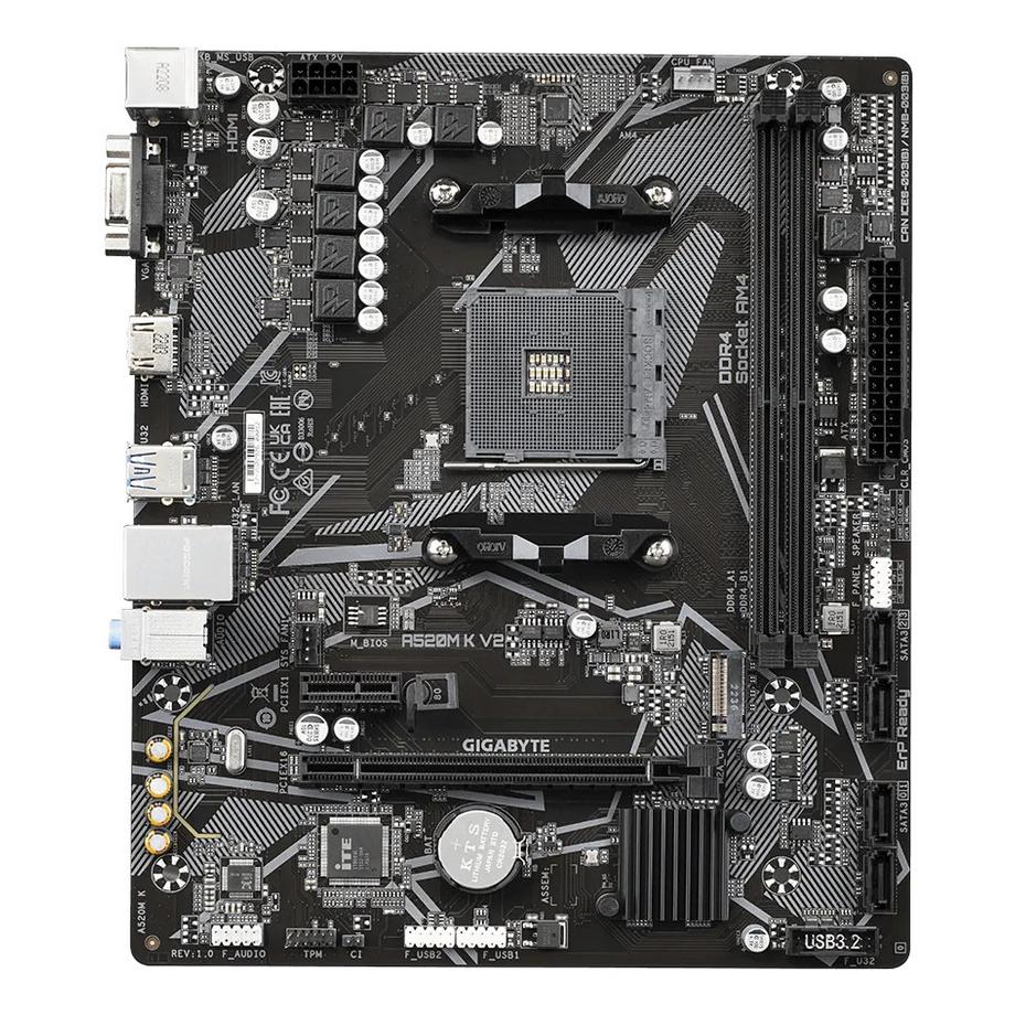 Gigabyte  A520M K V2 Mainboard - Unterstützt AMD Ryzen 5000 Serie AM4 CPUs, bis zu 5100MHz DDR4 (OC), PCIe Gen3 x4 M.2, GbE LAN, USB 3.2 Gen 1 